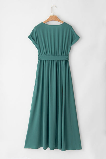 Blackish Green Solid Color V Neck Wrap Pleated Short Sleeve Maxi Dress | Dia&Popo