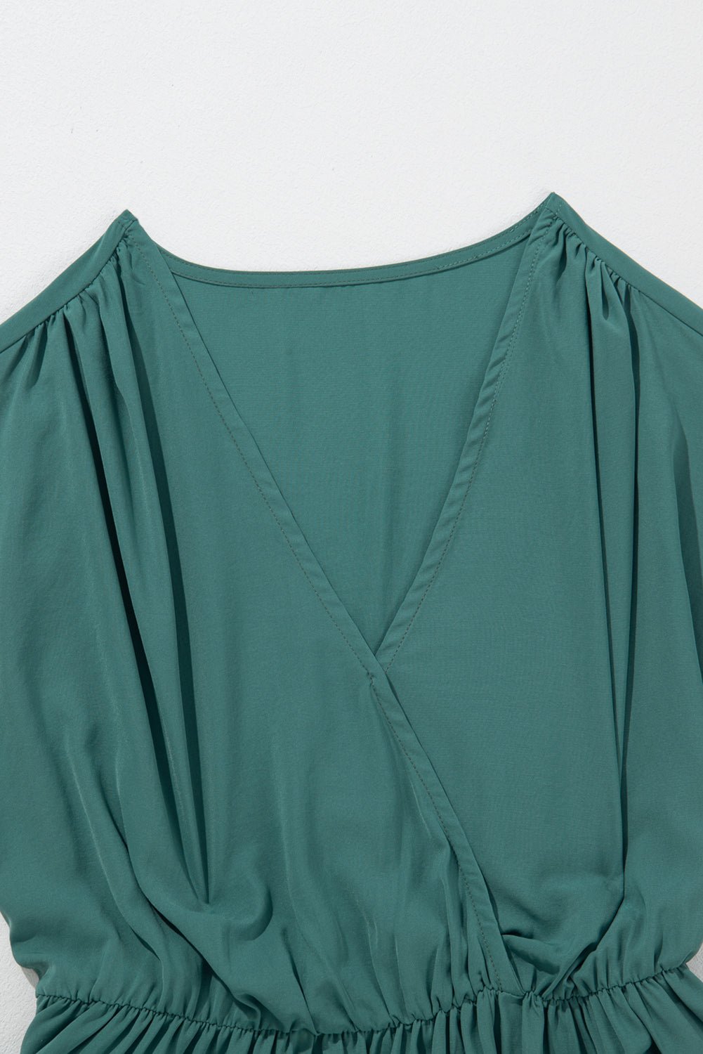 Blackish Green Solid Color V Neck Wrap Pleated Short Sleeve Maxi Dress | Dia&Popo