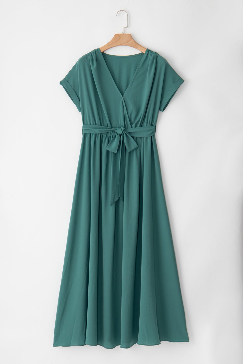 Blackish Green Solid Color V Neck Wrap Pleated Short Sleeve Maxi Dress | Dia&Popo