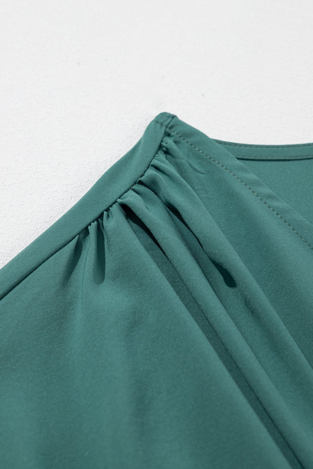 Blackish Green Solid Color V Neck Wrap Pleated Short Sleeve Maxi Dress | Dia&Popo