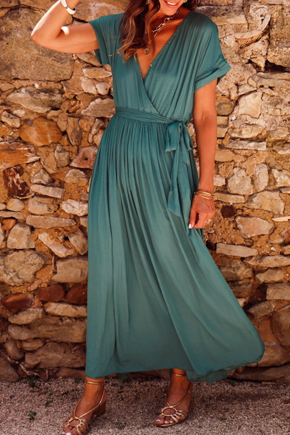 Blackish Green Solid Color V Neck Wrap Pleated Short Sleeve Maxi Dress | Dia&Popo