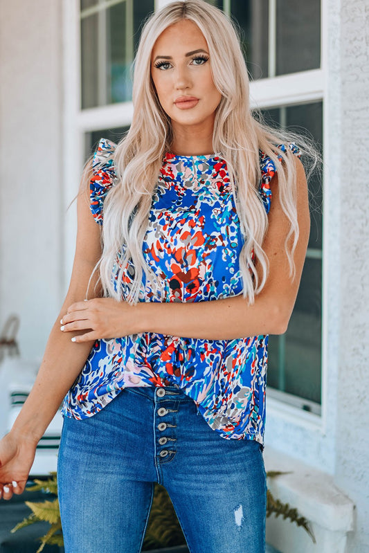 Blue Floral Print Tank Top with Ruffles | Dia&Popo