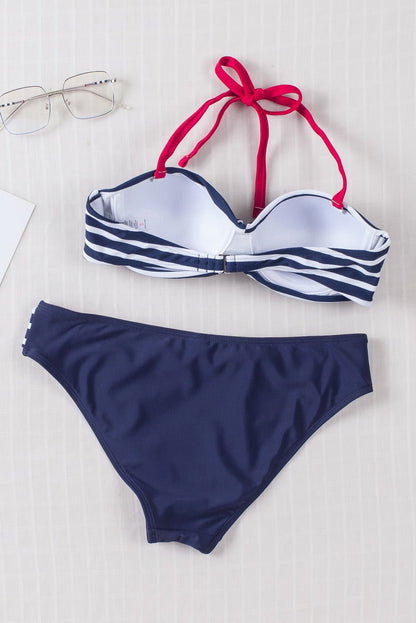 Blue Halter Bandeau Striped Bikini | Dia&Popo