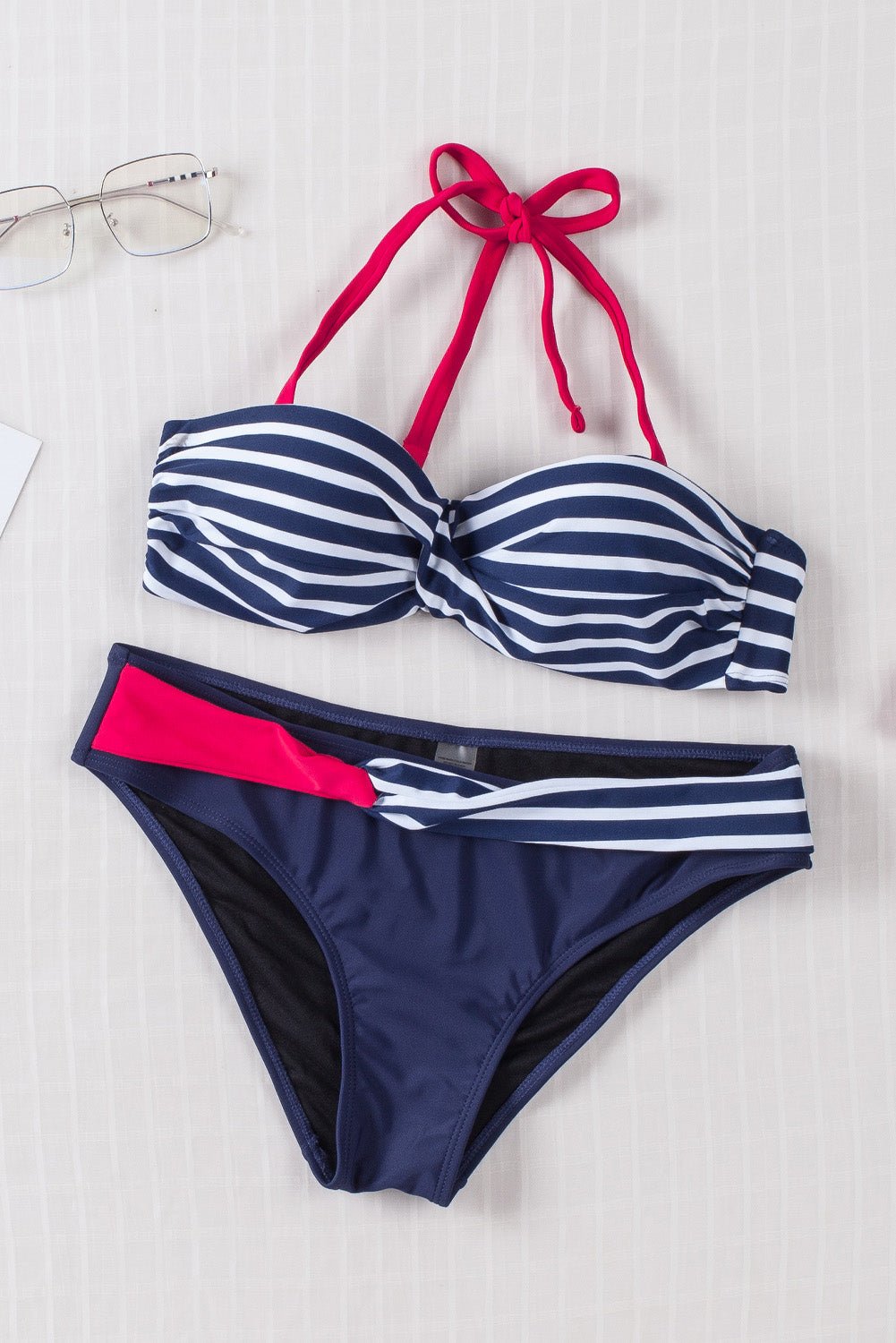 Blue Halter Bandeau Striped Bikini | Dia&Popo