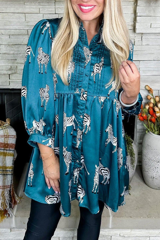 Blue Printed Zebra Pattern Pleated Shirt Tunic Dress | Dia&Popo