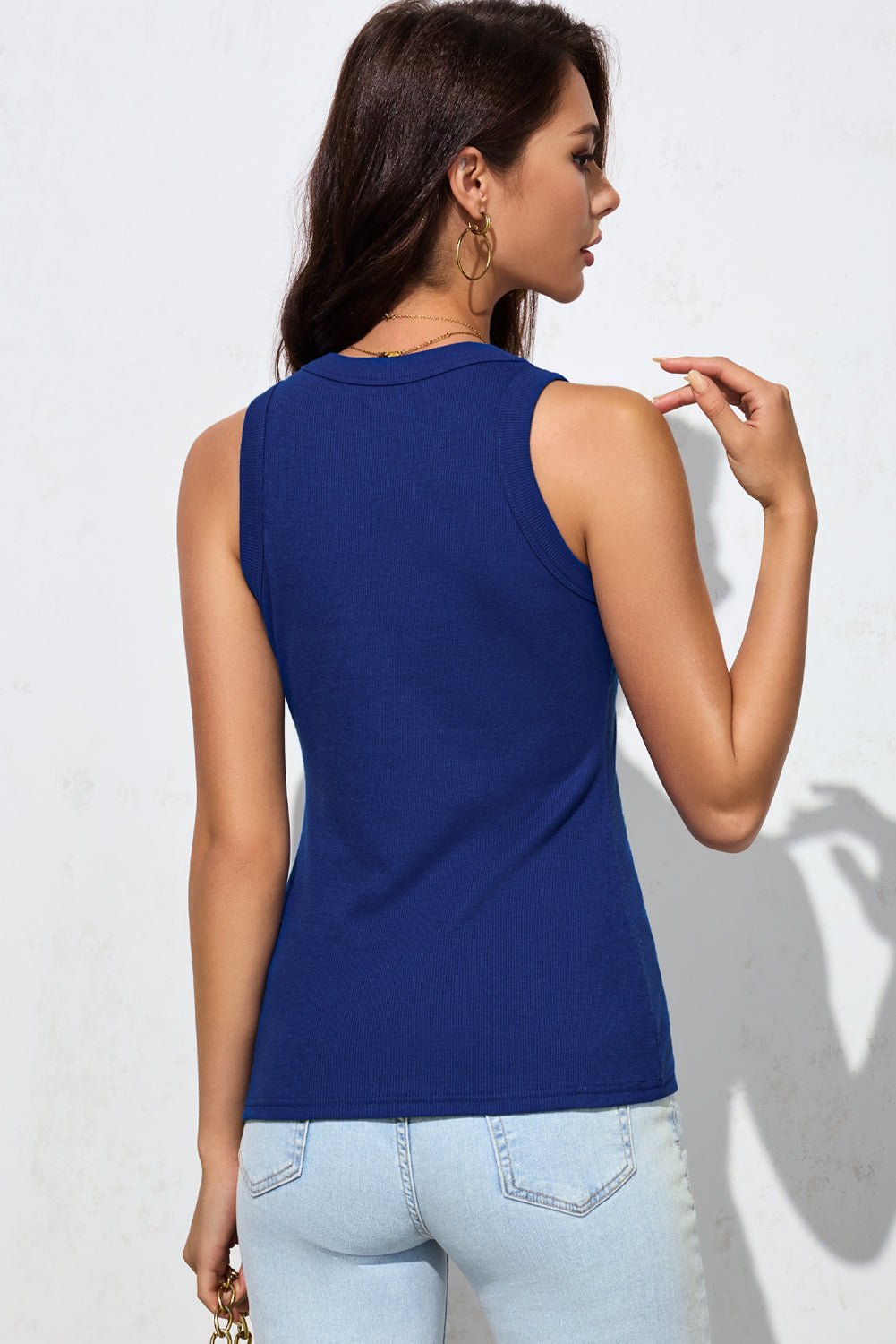 Blue Solid Round Neck Ribbed Tank Top | Dia&Popo