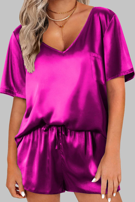 Bright Pink Satin V Neck Tee and Drawstring Shorts Set | Dia&Popo