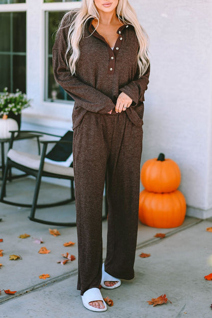 Brown Ribbed Knit Collared Henley Top and Pants Lounge Outfit | Dia&Popo