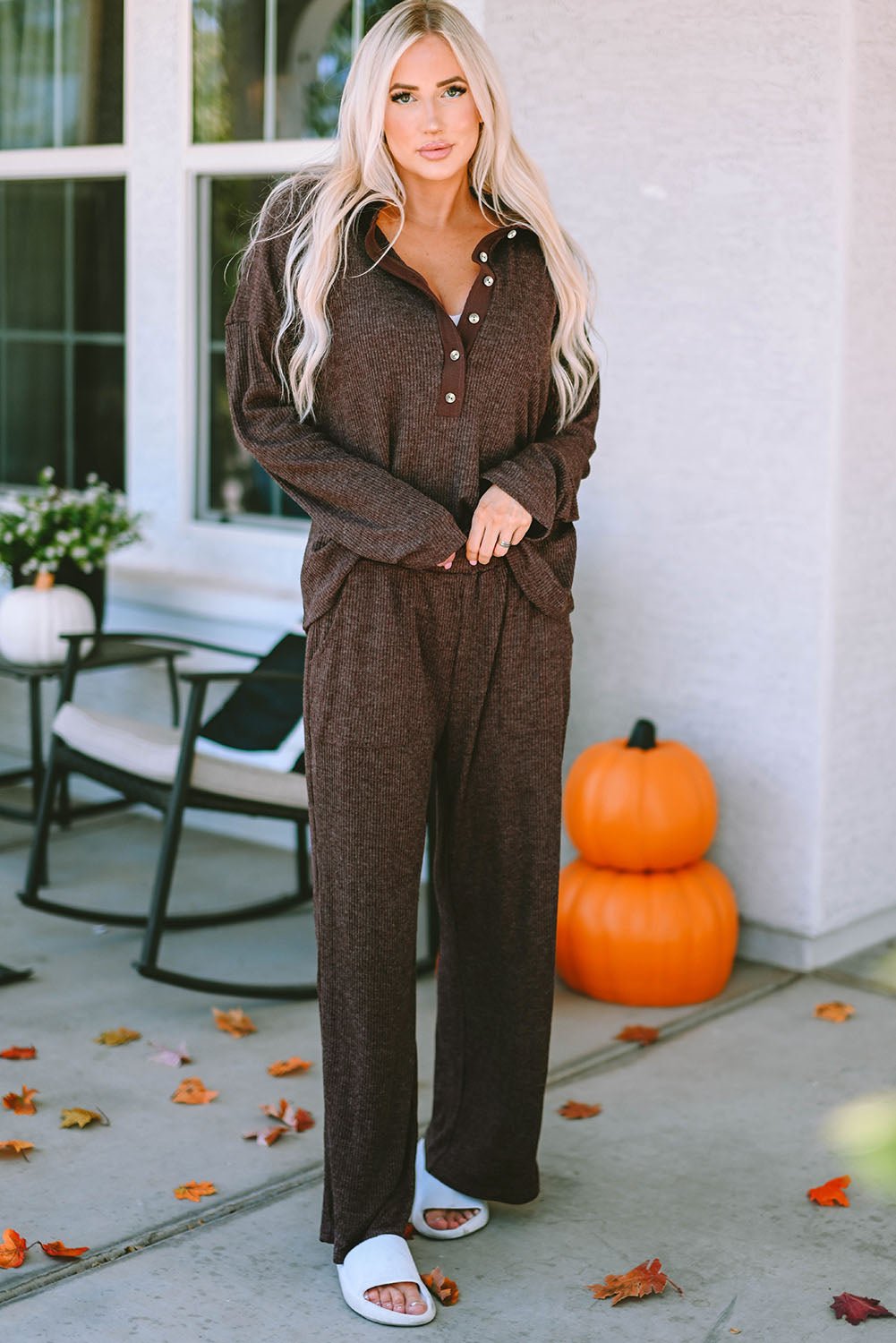 Brown Ribbed Knit Collared Henley Top and Pants Lounge Outfit | Dia&Popo