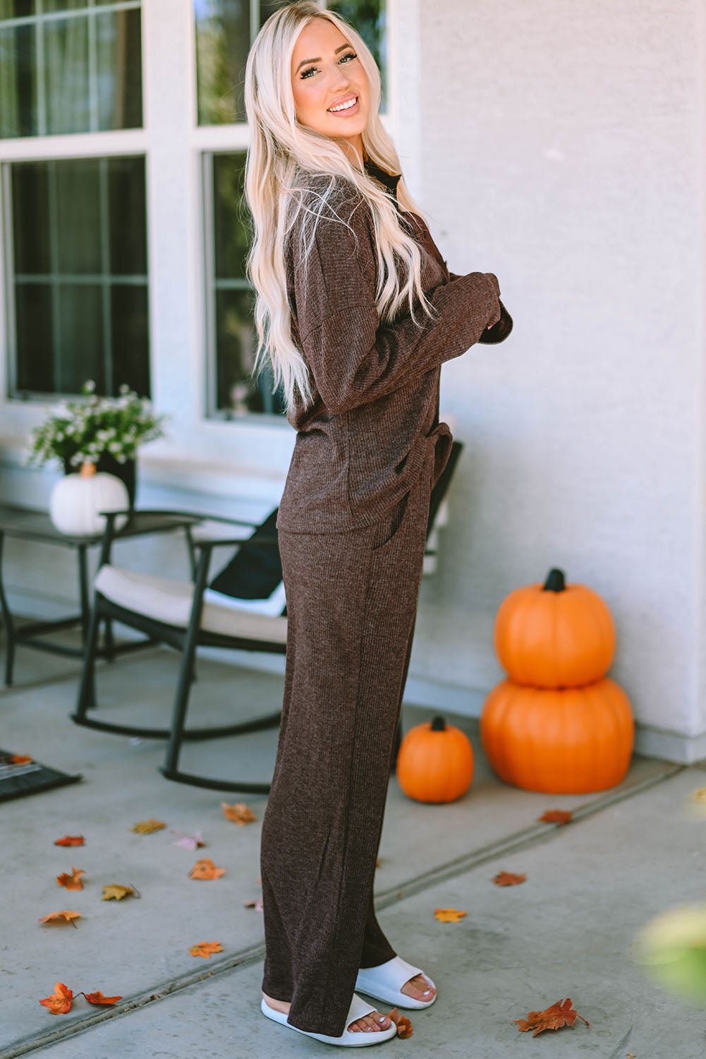 Brown Ribbed Knit Collared Henley Top and Pants Lounge Outfit | Dia&Popo