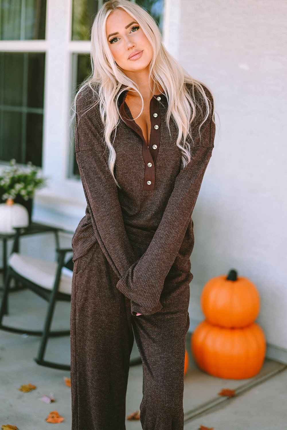 Brown Ribbed Knit Collared Henley Top and Pants Lounge Outfit | Dia&Popo