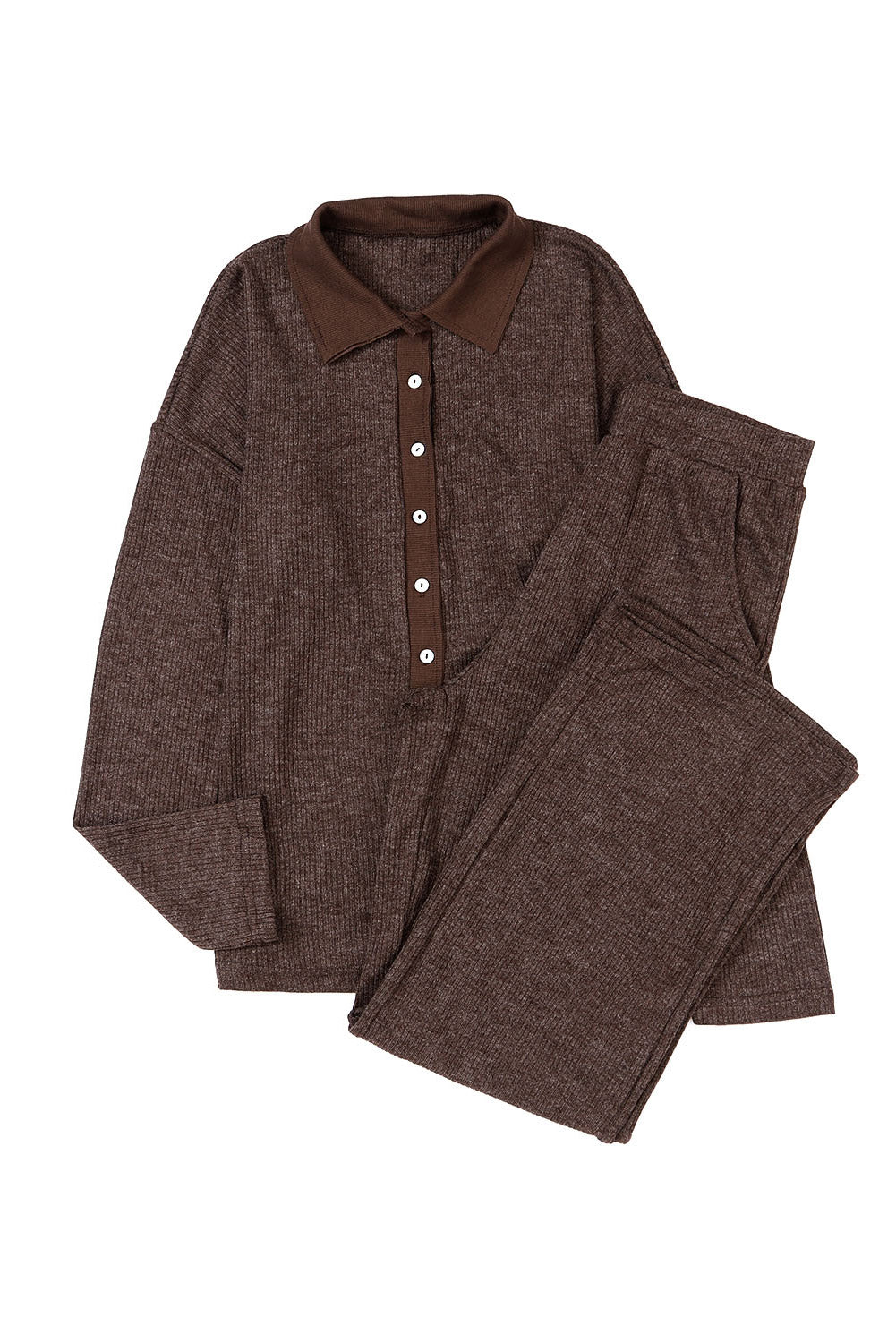 Brown Ribbed Knit Collared Henley Top and Pants Lounge Outfit | Dia&Popo