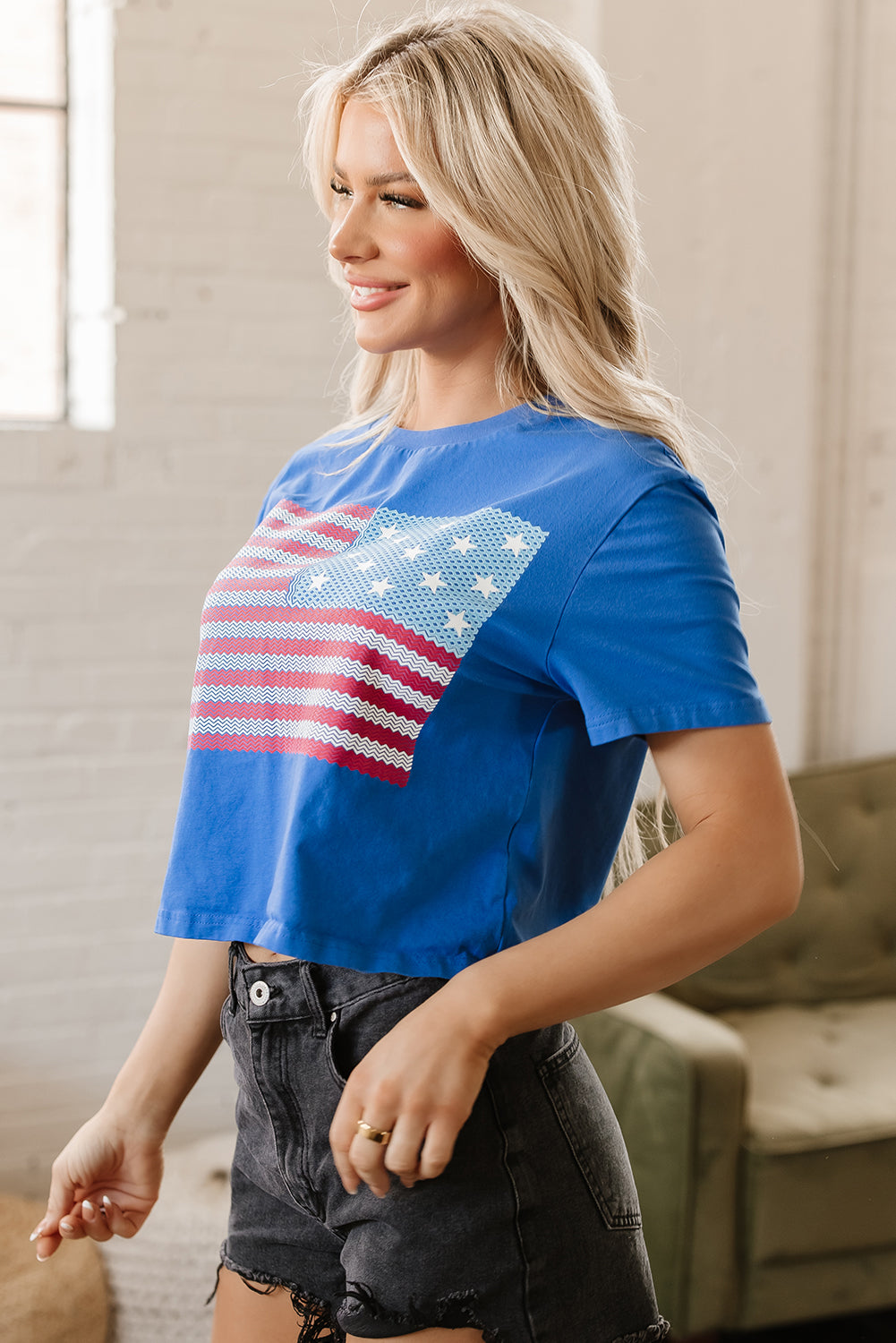 Real Teal American Flag Pattern Crewneck Tee