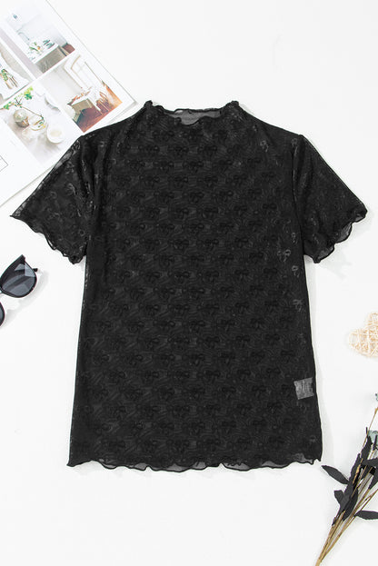 Black Bowknot Sheer Mesh Mock Neck Lettuce Trim Short Sleeve Top