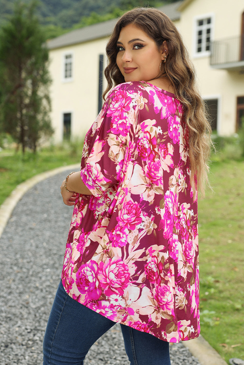 Red Floral Print Short Sleeve Plus Size Blouse