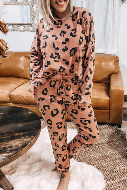 Pale Chestnut Leopard Long Sleeve Top and Drawstring Pants Set