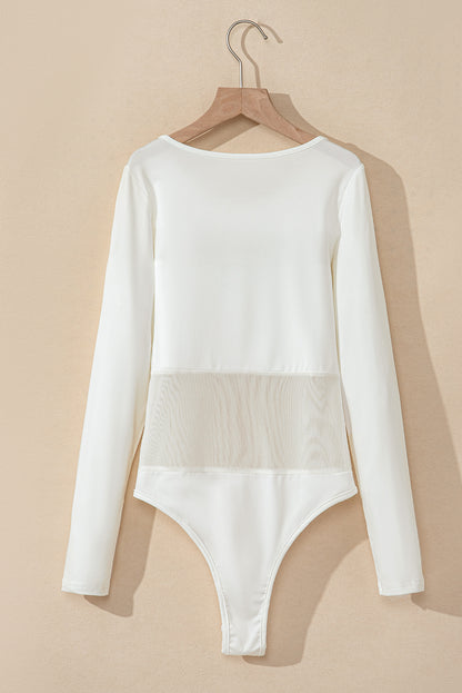 White Mesh Patchwork Long Sleeve Bodysuit