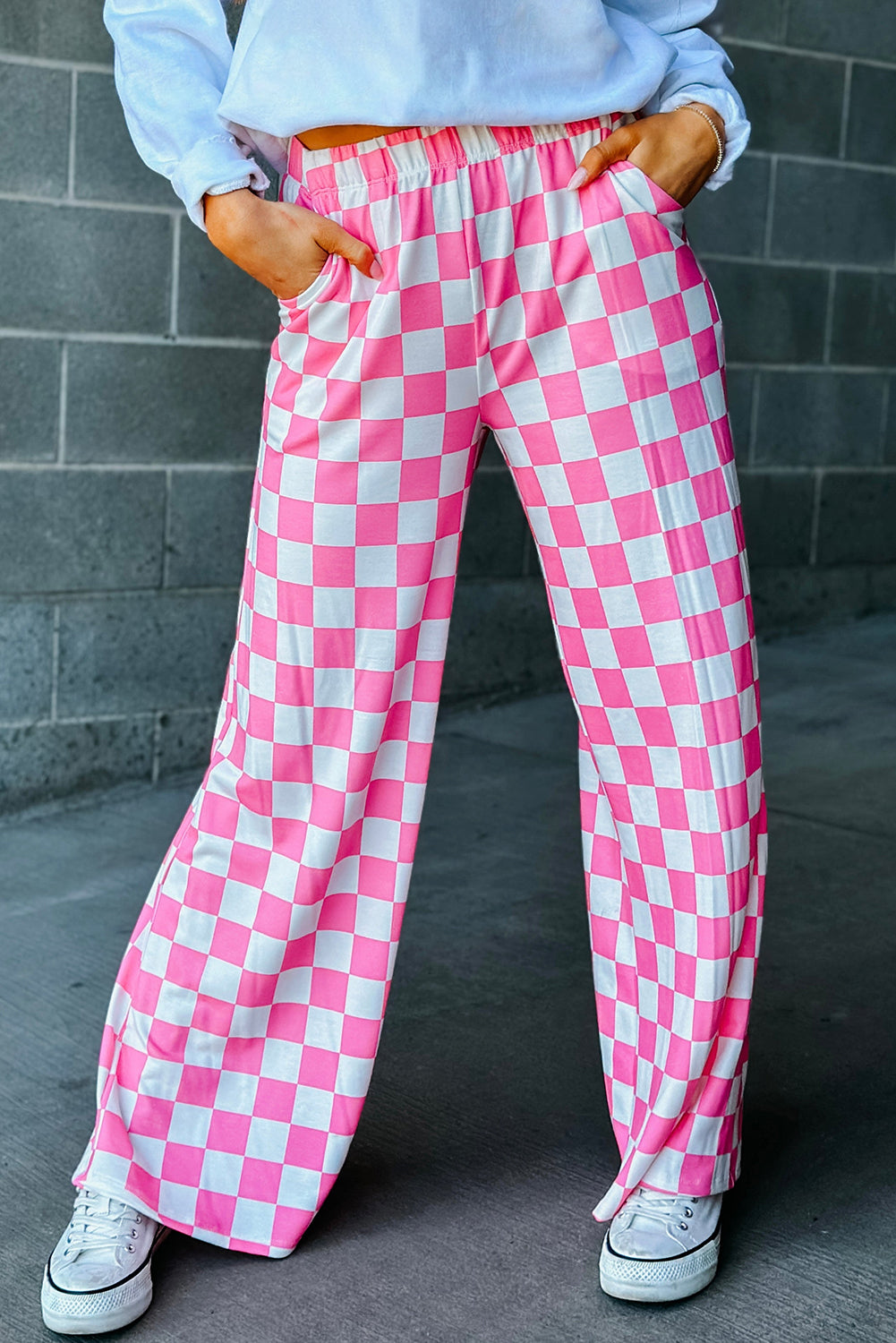 Black 2-Tone Checked Print High Waist Wide Leg Pants