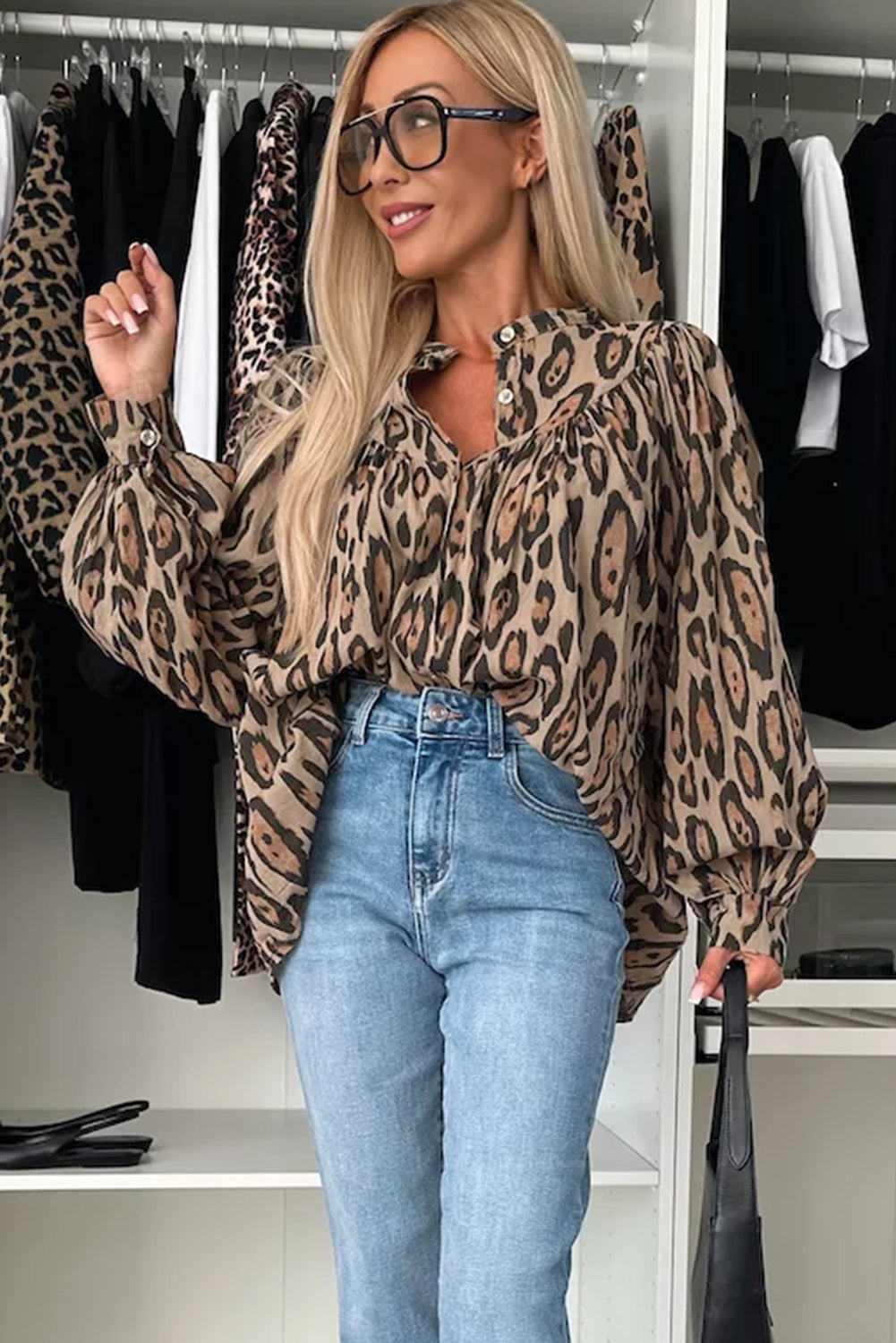 Light French Beige Oversized Leopard Print Balloon Sleeve Casual Shirt