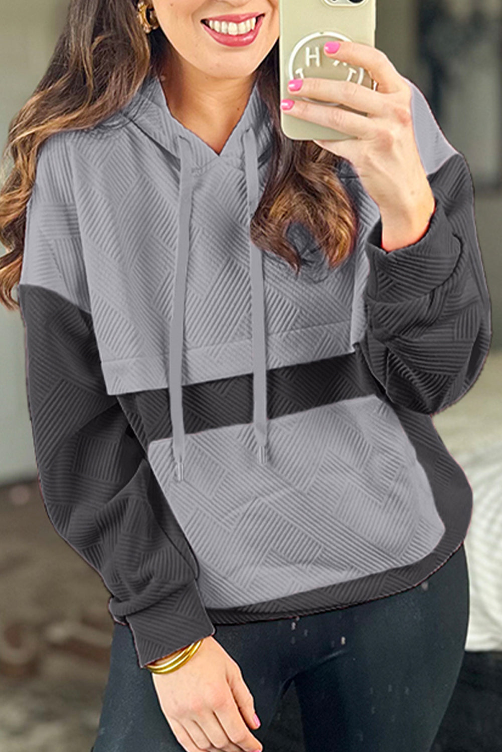 Pink Textured Color Block Kangaroo Pocket Drop Shoulder Hoodie