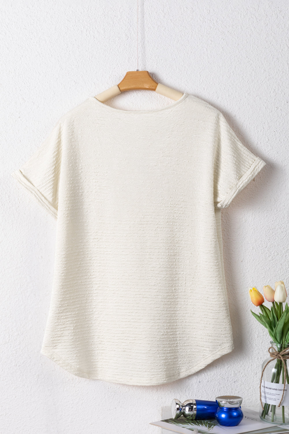 Pale Khaki Textured Wide Sleeve V Neck T Shirt