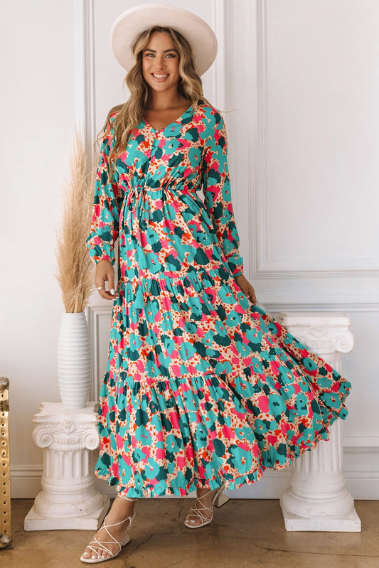 Multicolor Bohemia Print V Neck Ruffle Long Sleeve Maxi Dress