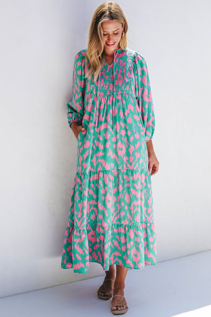 Sky Blue Abstract Print Puff Sleeve Tied Notched Neck Long Dress