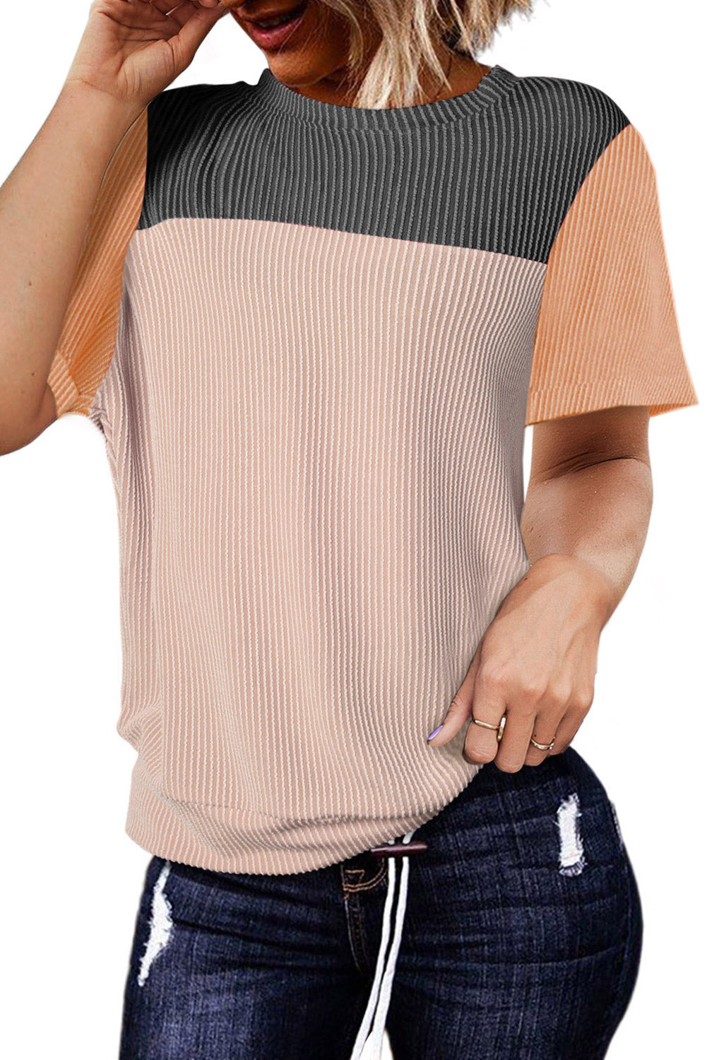 Pink Rib Textured Colorblock T Shirt