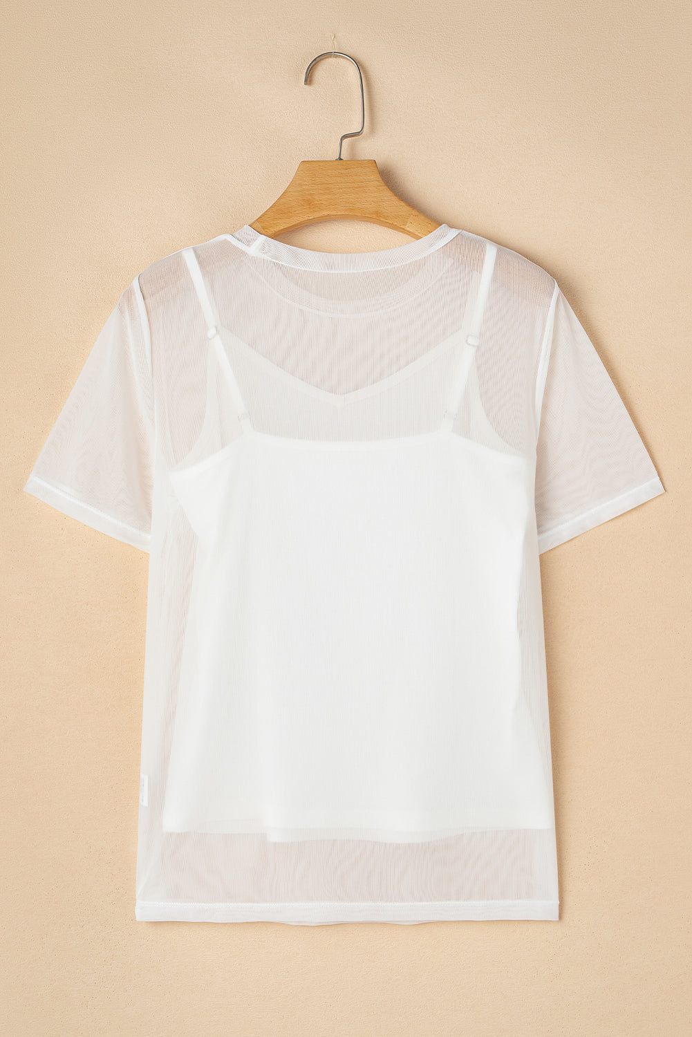 White Solid Color Sheer Mesh Patchwork Short Sleeve Top