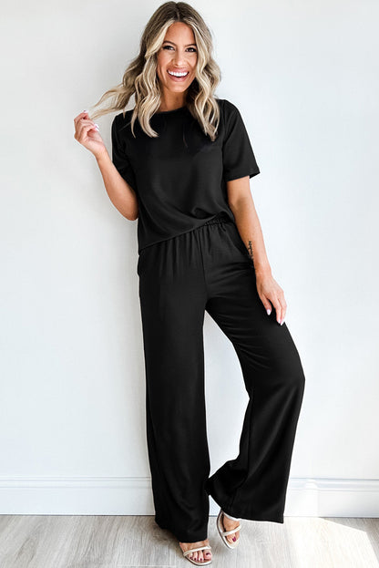 Smoke Gray Solid Color T Shirt 2pcs Wide Leg Pants Set