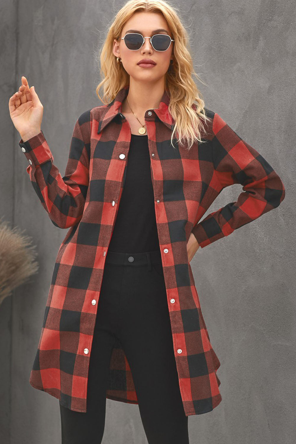 Brown Turn-down Collar Plaid Shirt Coat