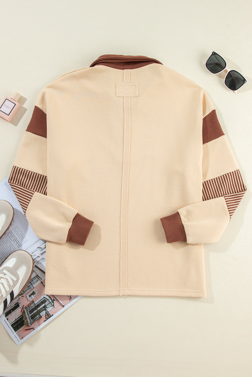 Black Striped Colorblock Patchwork Collar Sweatshirt