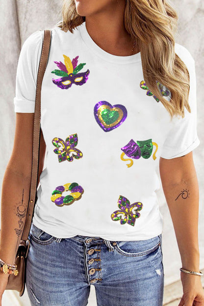 White Sequined Mardi Gras Symbolic Pattern Casual Tee