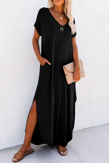 Pink V Neck Hidden Pocket Splits Maxi T-shirt Dress