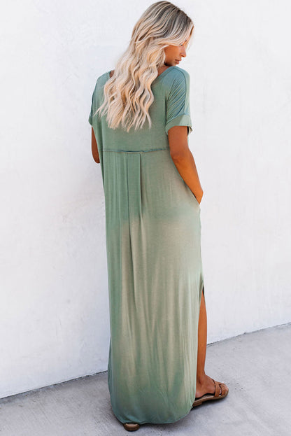 Pink V Neck Hidden Pocket Splits Maxi T-shirt Dress