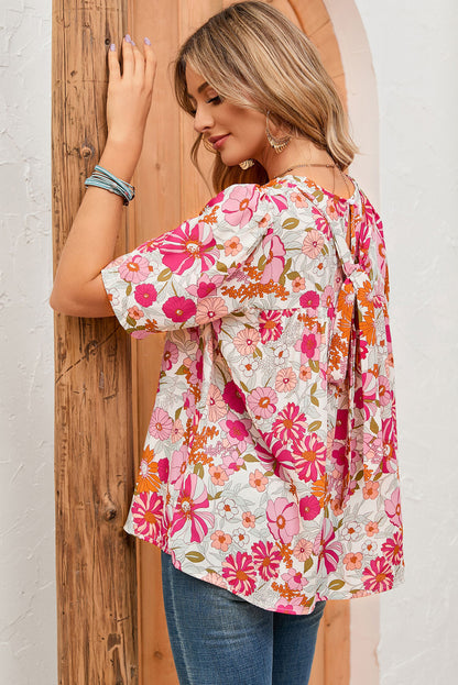 Purple Boho Flower Print Puff Short Sleeve Top