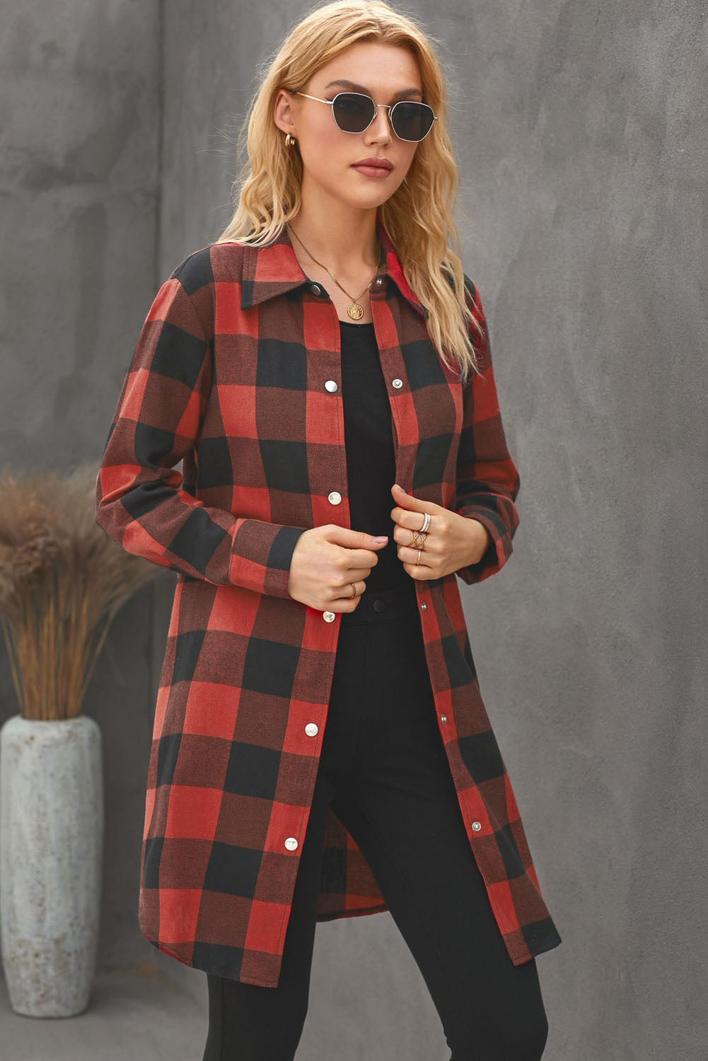 Brown Turn-down Collar Plaid Shirt Coat