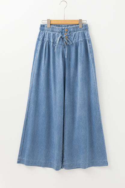 Dusk Blue Mineral Wash Button Fly Waist Wide Leg Jeans