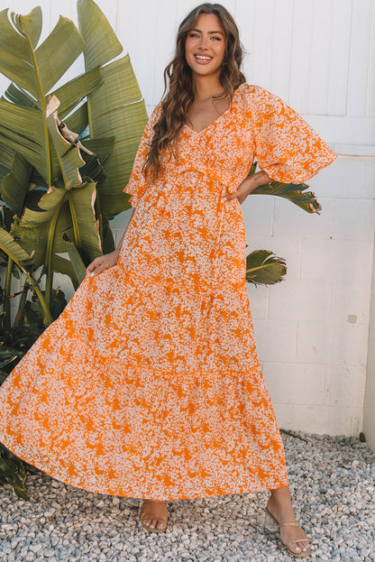 Orange Floral Print Smocked V Neck Wide Sleeve Maxi Dress