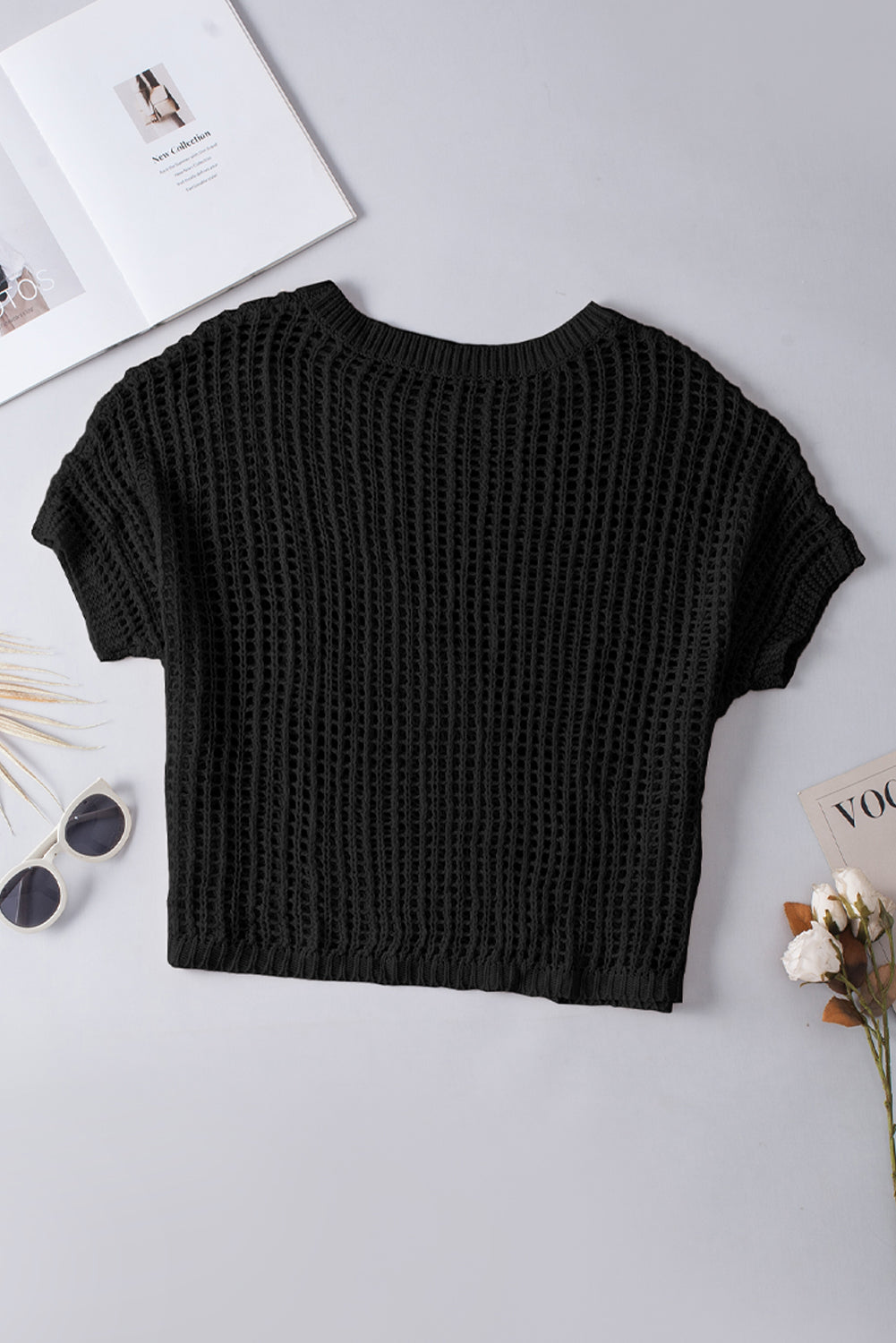 Apricot Fishnet Knit Ribbed Round Neck Short Sleeve Sweater Tee | Dia&Popo