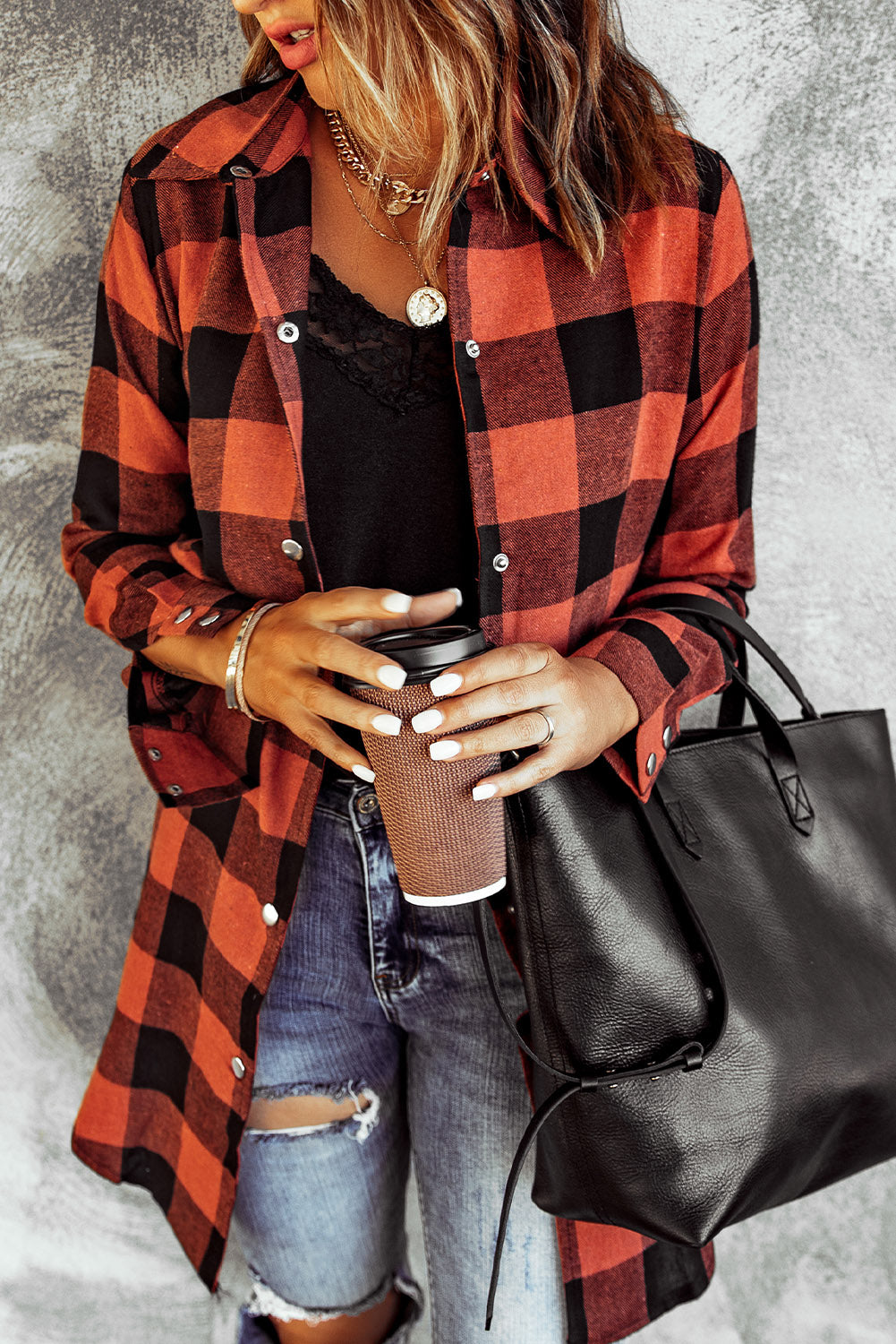 Brown Turn-down Collar Plaid Shirt Coat