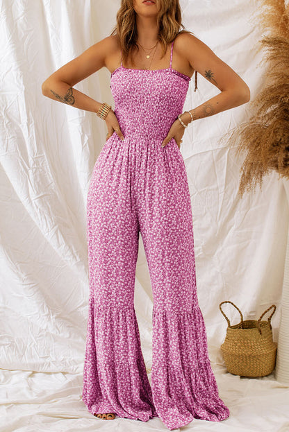 Dusk Blue Thin Straps Smocked Bodice Wide Leg Floral Jumpsuit