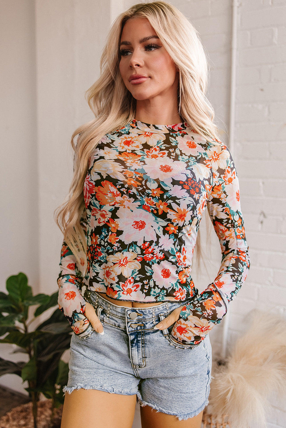 Orange Floral Mesh Slim Long Sleeve Crop Top