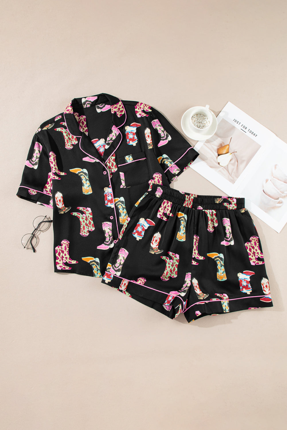 Black Western Boots Printed Short Pajama Set