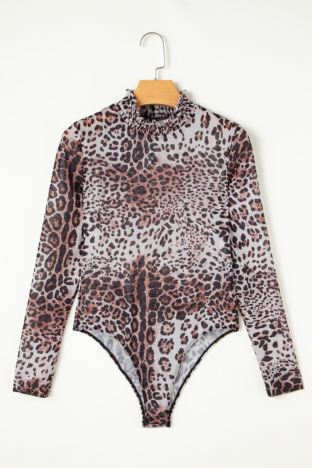 Brown Leopard Smocked Neck Mesh Long Sleeve Bodysuit