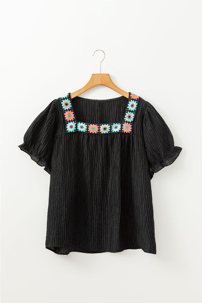 Black Floral Crochet Square Neck Ruffled Short Sleeve Flowy Plus Size Top