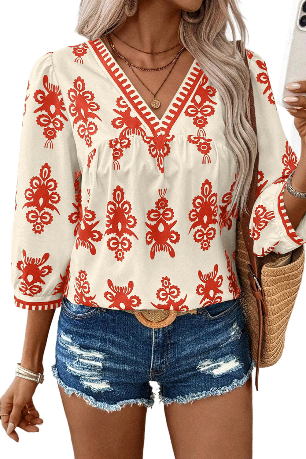 Beige Vintage Geometric Printed 3/4 Sleeve V Neck Blouse