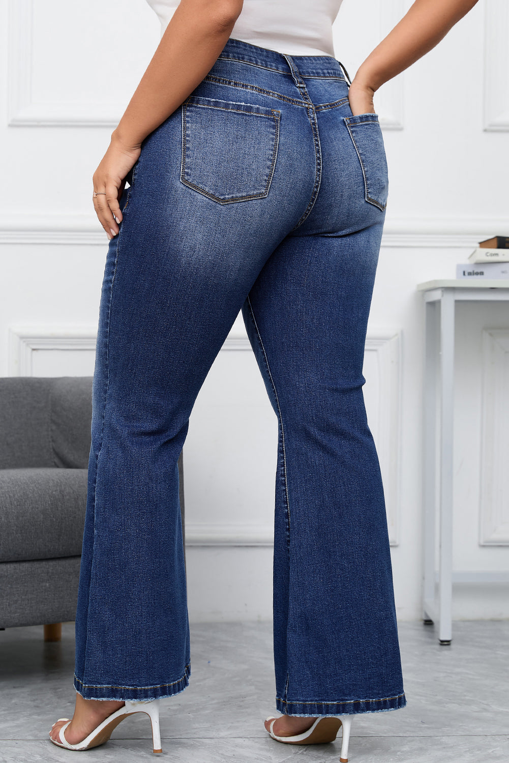 Dark Blue Plus Size Stitching Washed Flare Jeans