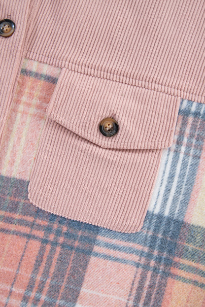 Light Pink Plaid Corduroy Patchwork Chest Pocket Shacket