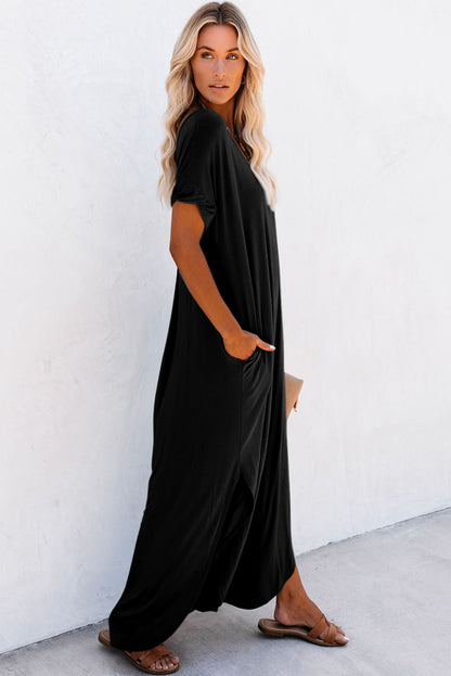 Pink V Neck Hidden Pocket Splits Maxi T-shirt Dress